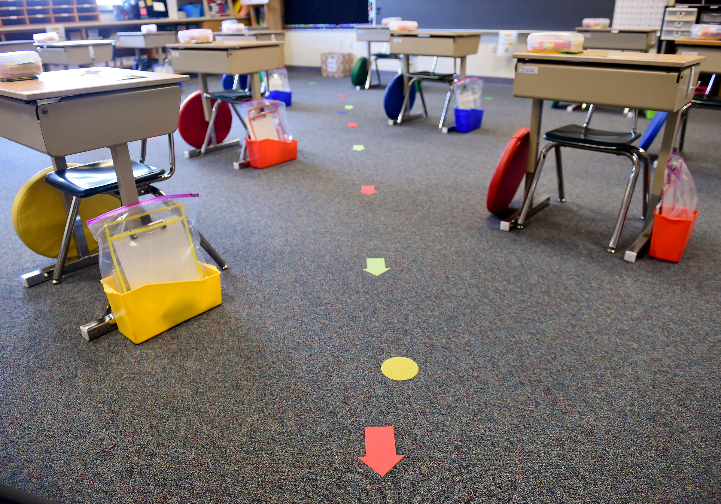 Desks are spread out for social distancing at a Shiloh Hills Elementary School classroom in Spring Township, Pa., on Aug. 21, 2020.