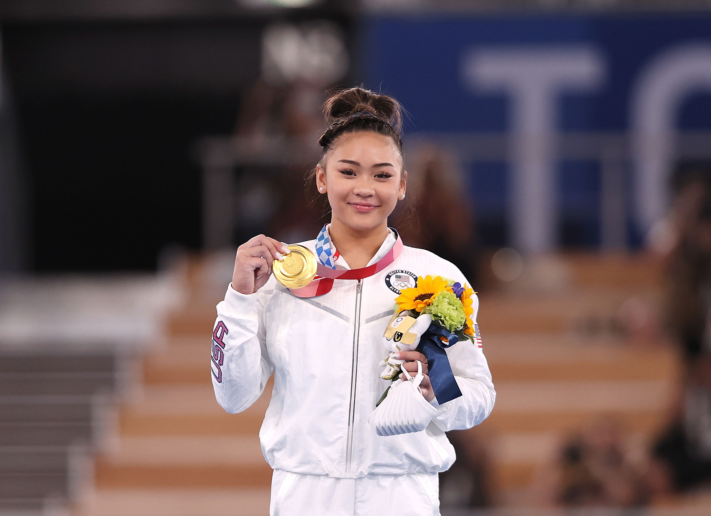 Sunisa Lee of the United States poses during the awards ceremony after the artistic gymnastics women's all-around final in Tokyo, Japan, July 29, 2021. (Xinhua—Sipa USA)