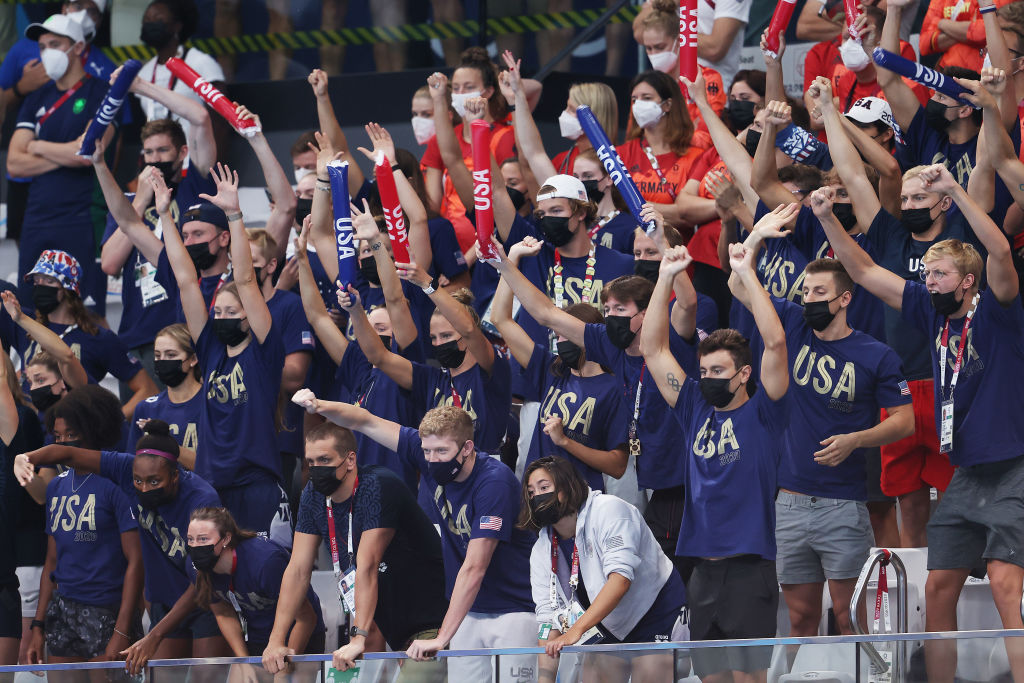Team USA cheers during day nine of the Tokyo 2020 Olympic Games at Tokyo Aquatics Centre on August 01, 2021 in Tokyo, Japan. (Clive Rose—Getty Images)