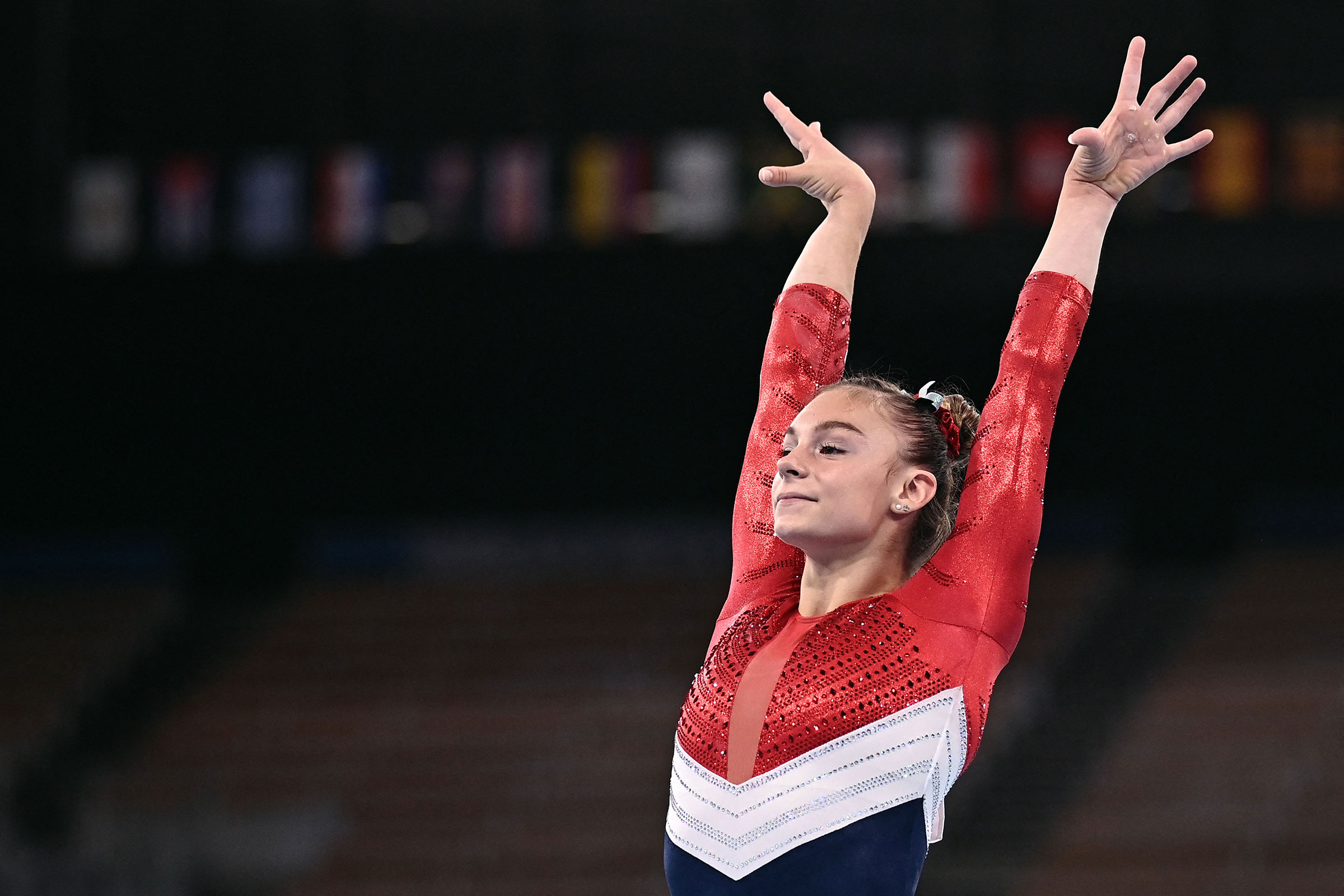 Grace McCallum competes in the balance beam event of the artistic gymnastics women's team final on July 27. (Lionel Bonaventure—AFP/Getty Images)