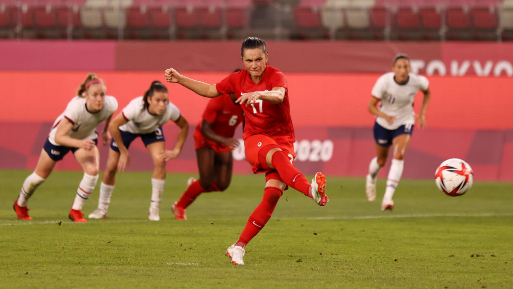 Jessie Fleming #17 of Team Canada scores their side's first goal from the penalty spot during the Women's Semi-Final match between USA and Canada on day ten of the Tokyo Olympic Games at Kashima Stadium on August 02, 2021 in Kashima, Ibaraki, Japan. (Naomi Baker–Getty Images)