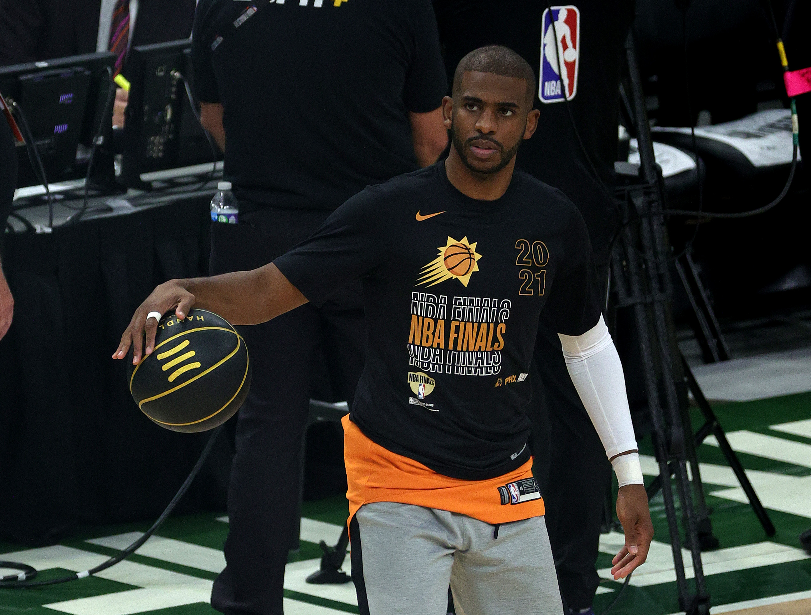 Chris Paul of the Phoenix Suns warms up before Game Four of the NBA Finals against the Milwaukee Bucks at Fiserv Forum on July 14, 2021 in Milwaukee, Wisconsin. (Stacy Revere–Getty Images)