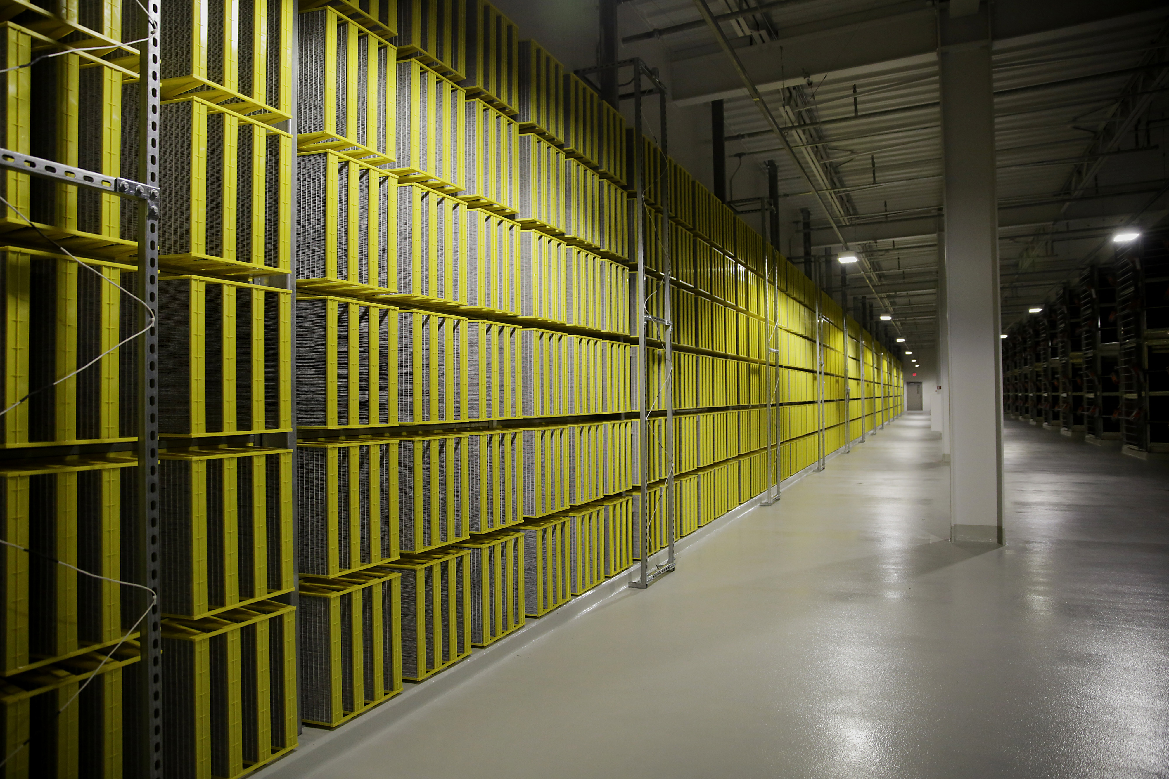 Filters that are part of a cooling system line a room inside the Facebook data center in Prineville, Oregon, in 2014. (Meg Roussos—Bloomberg/Getty Images)