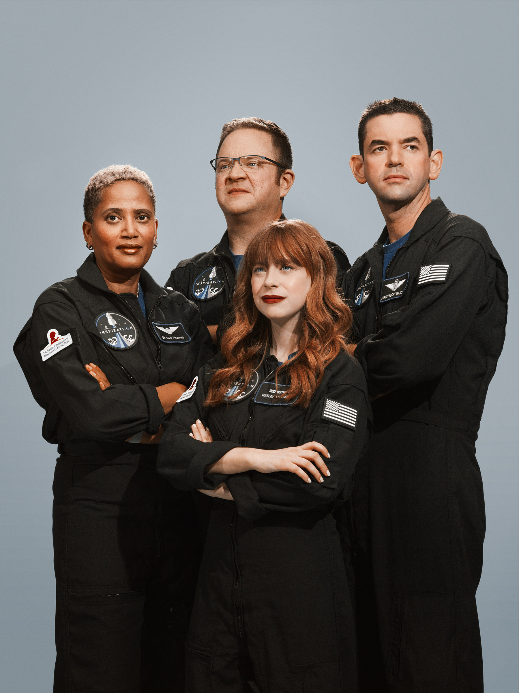 The crew of the Inspiration4, the world’s first all-civilian mission to orbit. From left: Dr. Sian Proctor, Chris Sembroski, Hayley Arceneaux, and Jared Isaacman photographed in Los Angeles, July 2021. (Philip Montgomery for TIME)