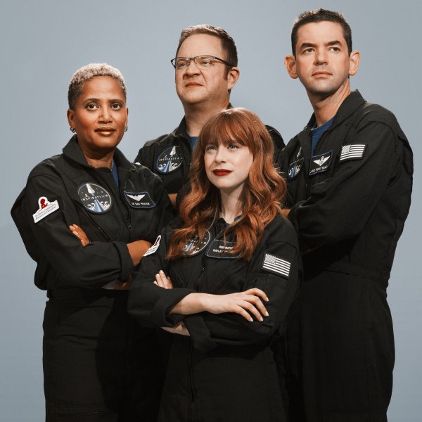 The crew of the Inspiration4, the world’s first all-civilian mission to orbit. From left: Dr. Sian Proctor, Chris Sembroski, Hayley Arceneaux, and Jared Isaacman photographed in Los Angeles, July 2021.