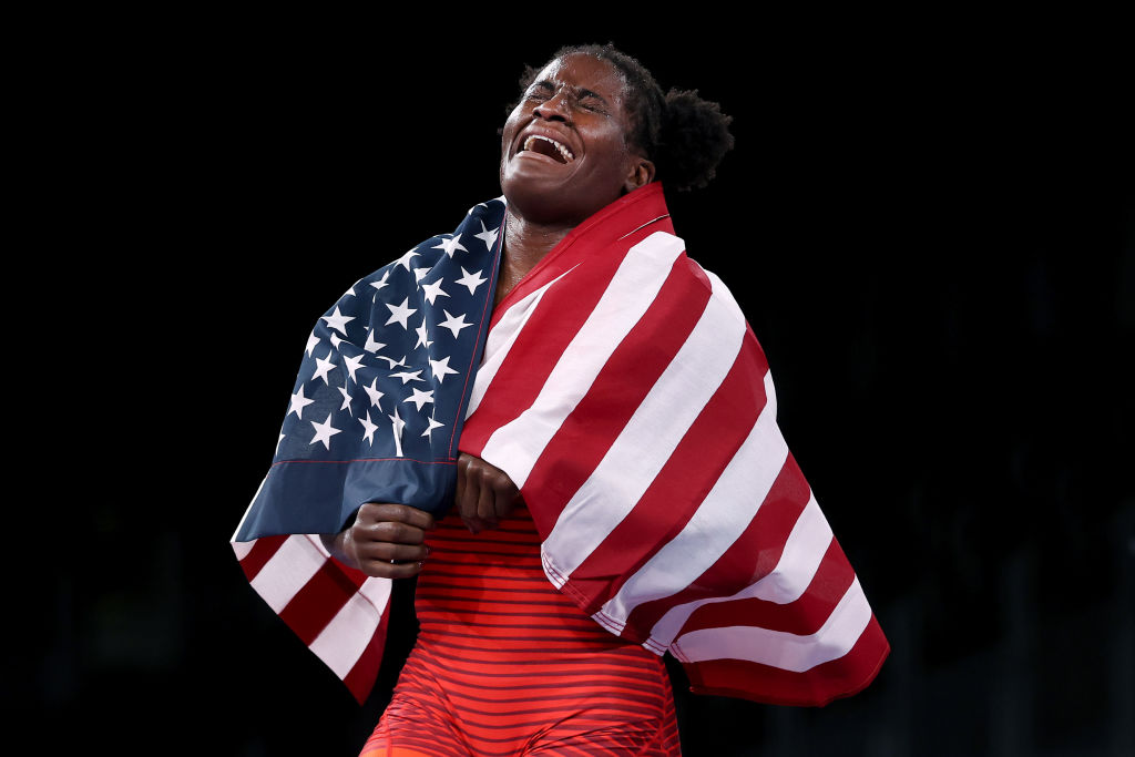 Team USA's Tamyra Mariama Mensah-Stock celebrates losing to Team Nigeria's Blessing Oborududu in the women's 68kg freestyle gold medal match on Day 11 of the <a class=