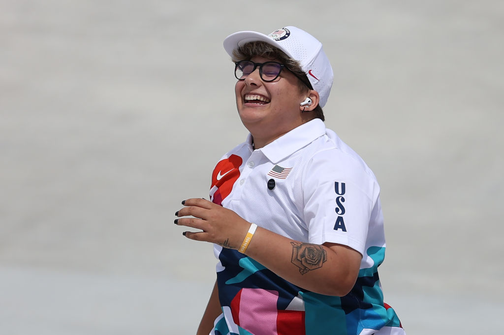 Alana Smith of Team USA reacts during the Women's Street Prelims Heat 3 on day three of the Tokyo 2020 Olympic Games at Ariake Urban Sports Park on July 26, 2021 in Tokyo, Japan. (Patrick Smith—Getty Images)