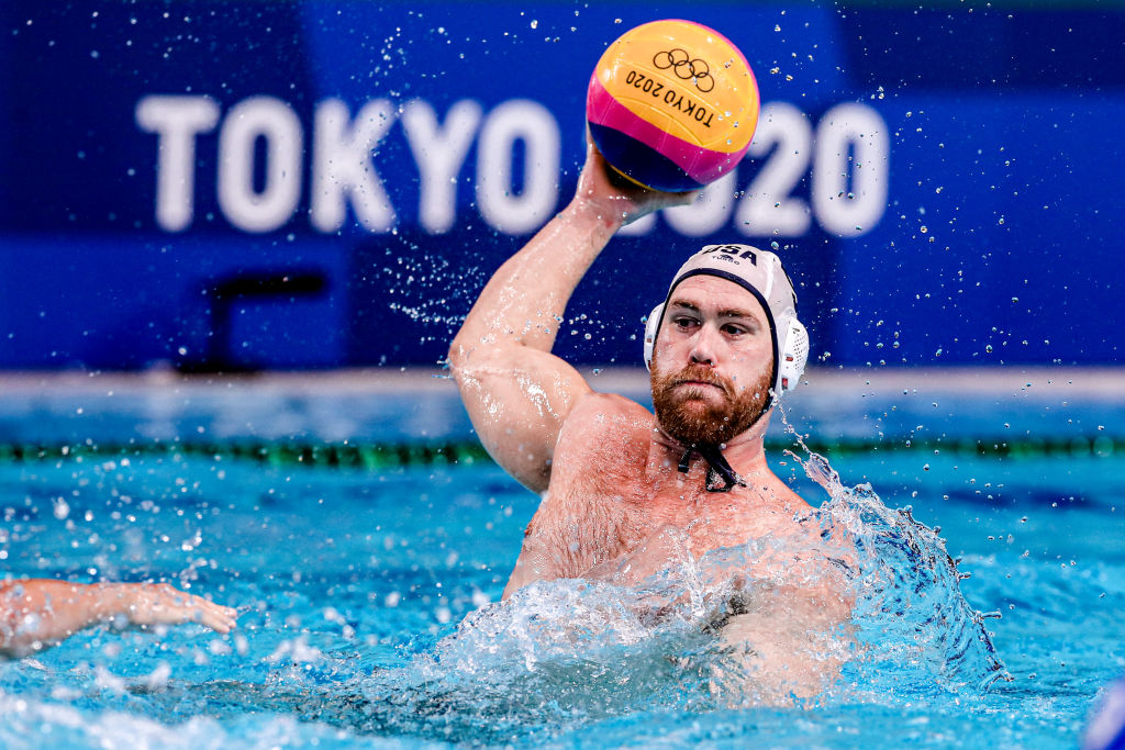 Alex Bowen of Team USA during the Tokyo 2020 Olympic Waterpolo Tournament Men's match between the U.S. and Italy at Tatsumi Waterpolo Centre on July 29, 2021 in Tokyo, Japan. (Marcel ter Bals—BSR Agency/Getty Images)