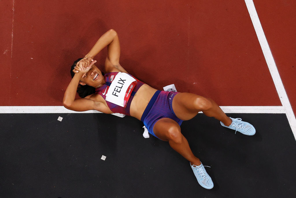 Allyson Felix of Team USA reacts after winning the bronze medal in the Women's 400m Final on day fourteen of the Tokyo 2020 Olympic Games at Olympic Stadium on Aug. 06, 2021 in Tokyo, Japan.