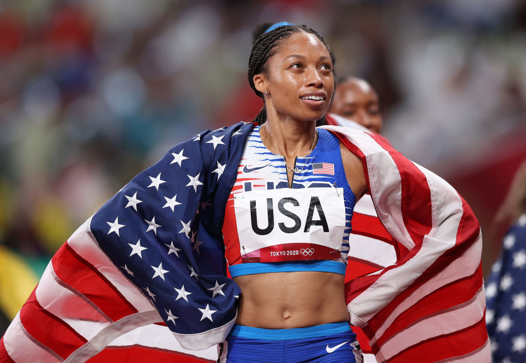 Allyson Felix of Team USA reacts after winning the gold medal in the Women' s 4x400-m Relay Final of the Tokyo 2020 Olympic Games at Olympic Stadium on Aug. 07, 2021 in Tokyo, Japan. (Patrick Smith—Getty Images)