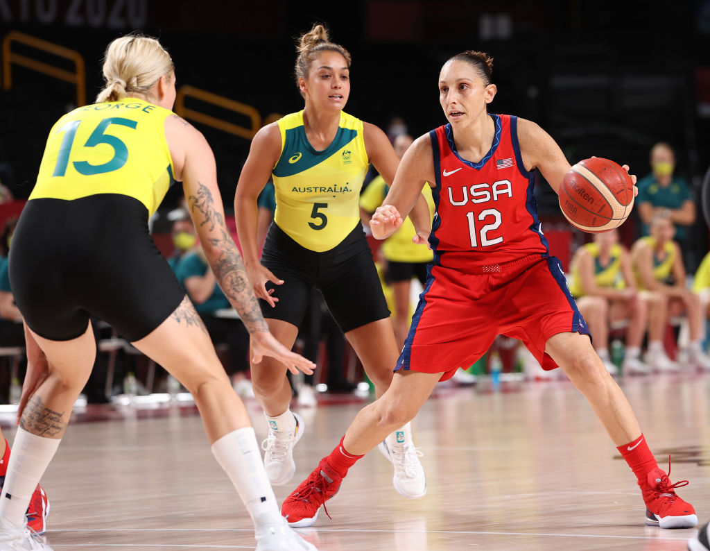 Diana Taurasi #12 of Team USA moves the ball up court against Cayla George #15 of Team Australia during the first half of a Women's Basketball Quarterfinals game on day twelve of the Tokyo 2020 Olympic Games at Saitama Super Arena in Saitama, Japan on August 04, 2021. (Kevin C. Cox&mdash;Getty Images)