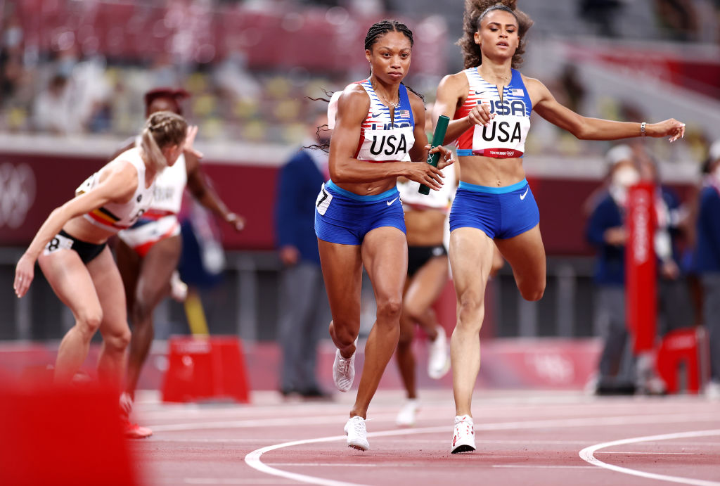 Allyson Felix of Team USA competes in the Women' s 4x400-m Relay Final on day fifteen of the Tokyo 2020 Olympic Games at Olympic Stadium on Aug. 07, 2021 in Tokyo, Japan. (Ryan Pierse—Getty Images)