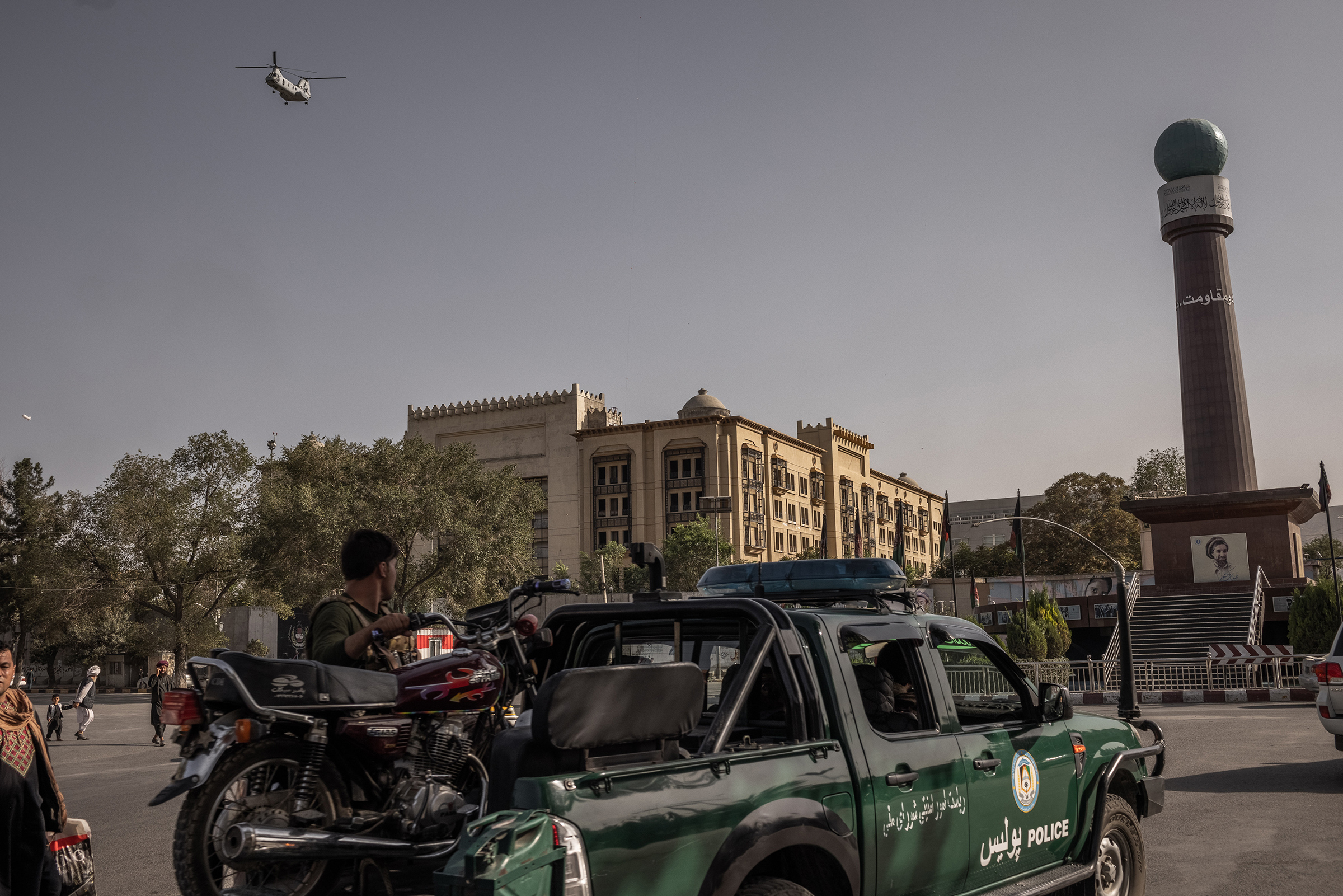 A helicopter leaves from the U.S. Embassy ahead of the Taliban's arrival in Kabul on Aug. 15, 2021.