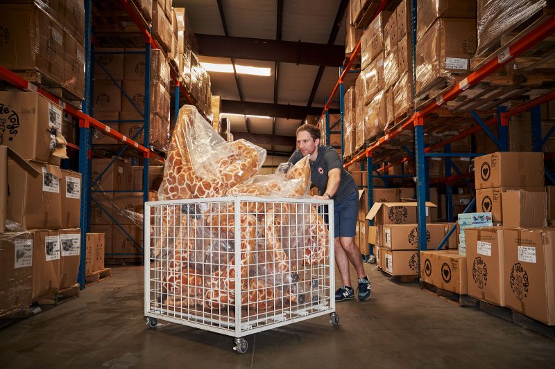 A shipment of toy giraffes at the Viahart distribution facility in Wills Point, Texas on July 23, 2021.