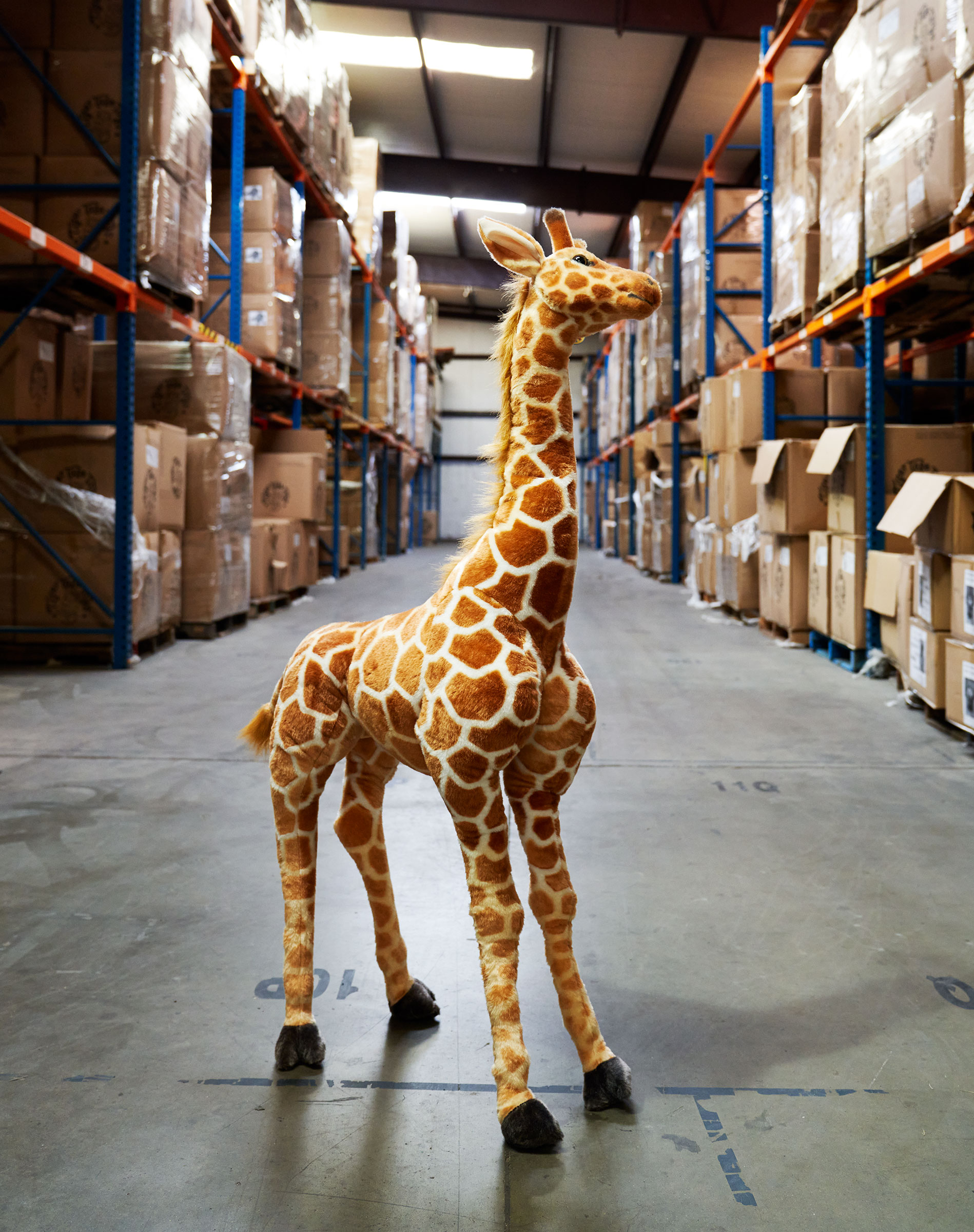 Jani the giraffe at the Viahart distribution facility in Wills Point, Texas on July 23, 2021. (Jonathan Zizzo for TIME)