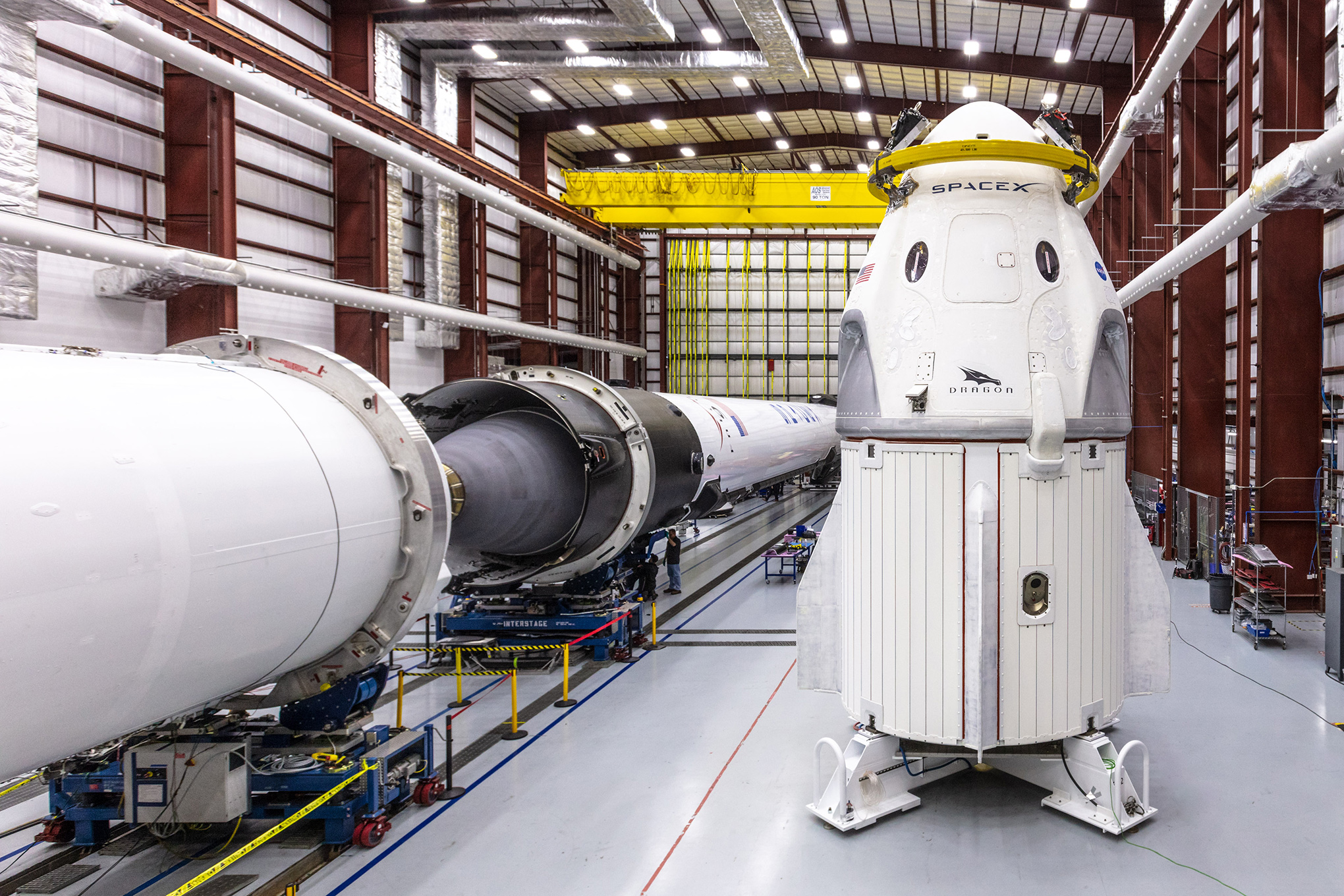 The <em>Crew Dragon</em> spacecraft before being mated to its Falcon 9 rocket (left); the Falcon's second stage is disposable, and the first stage returns to Earth, landing on a barge, to be refitted and reused. (Courtesy SpaceX/NASA)