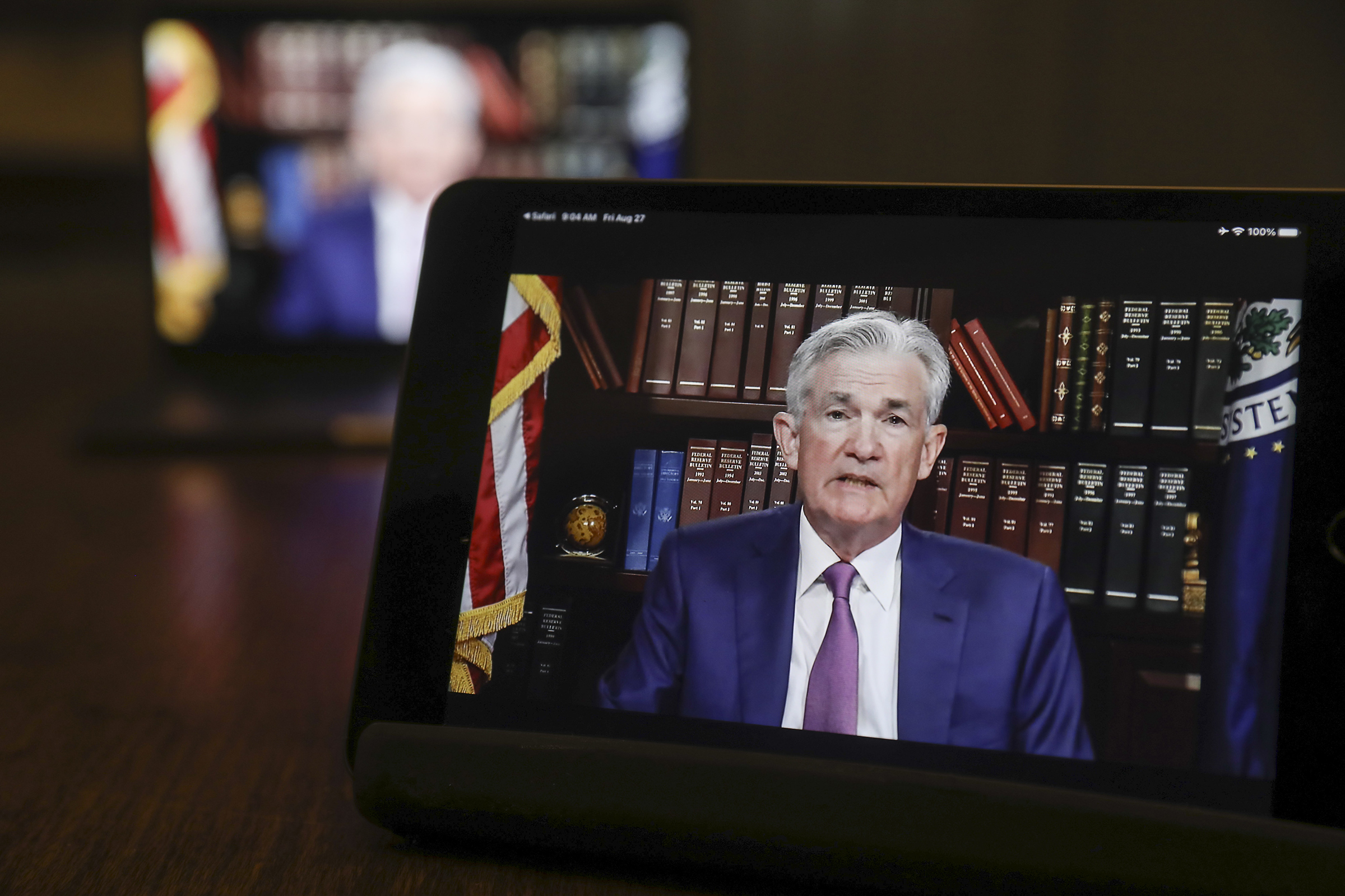 Jerome Powell, chairman of the U.S. Federal Reserve, speaks virtually during the Jackson Hole economic symposium in Tiskilwa, Ill. on Aug. 27. (Daniel Acker—Bloomberg/Getty Images)