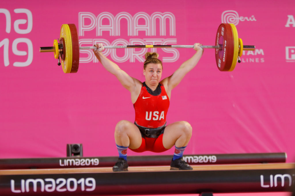 Katherine Nye of Team USA lifts during the Women's 76 kg on Day 3 of Lima 2019 Pan American Games at Mariscal Cáceres Coliseum of Chorrillos Military School on July 29, 2019 in Lima, Peru. (Armando Marin—Jam Media/Getty Images)