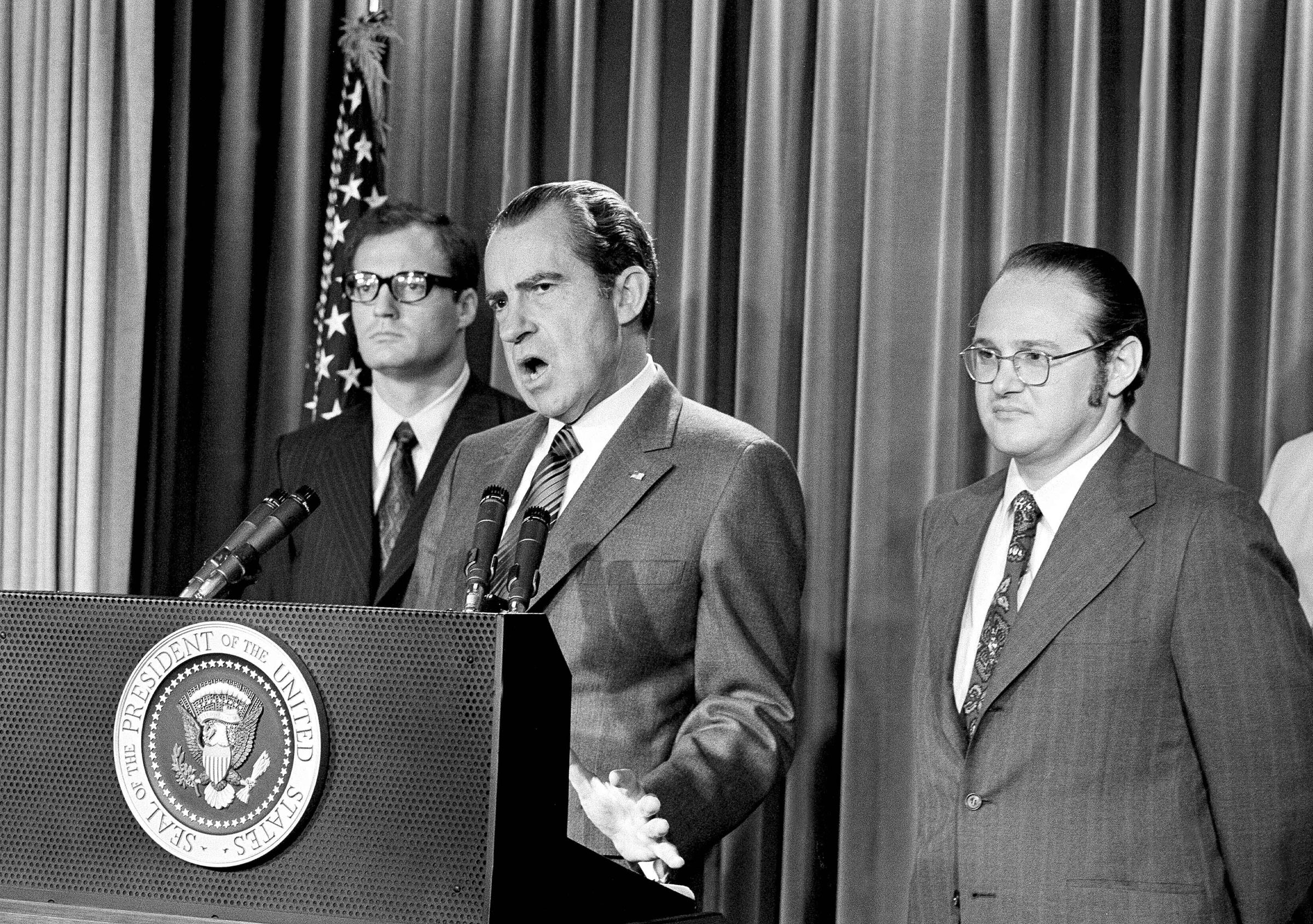 President Richard Nixon explains aspects of the special message sent to Congress asking for an extra $155 millions for a new program to combat the use of drugs, on June 17, 1971. (Harvey Georges—AP)
