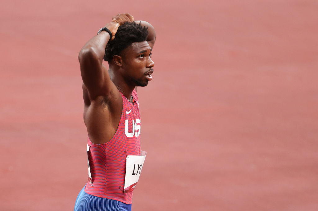 Noah Lyles of Team USA following the Men's 200-m Final at the Tokyo 2020 Olympic Games at Olympic Stadium on Aug. 4, 2021 in Tokyo, Japan. (Jean Catuffe—Getty Images)