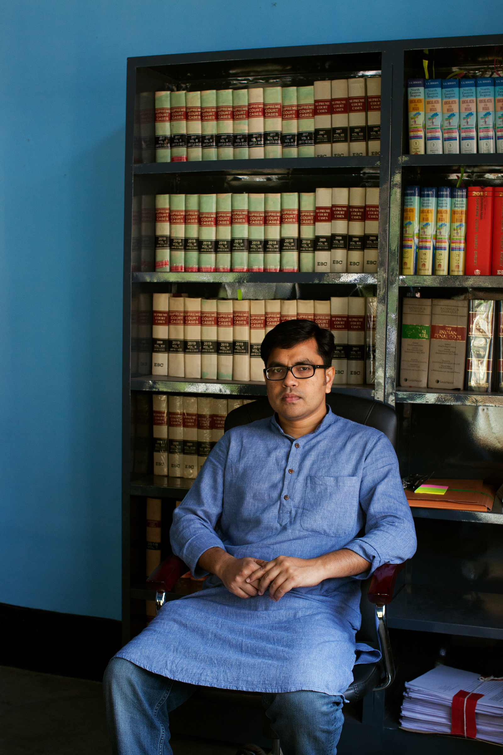 Aman Wadud, a human-rights lawyer who provides pro-bono legal aid to people fighting citizenship cases in his office in Guwahati, Assam.