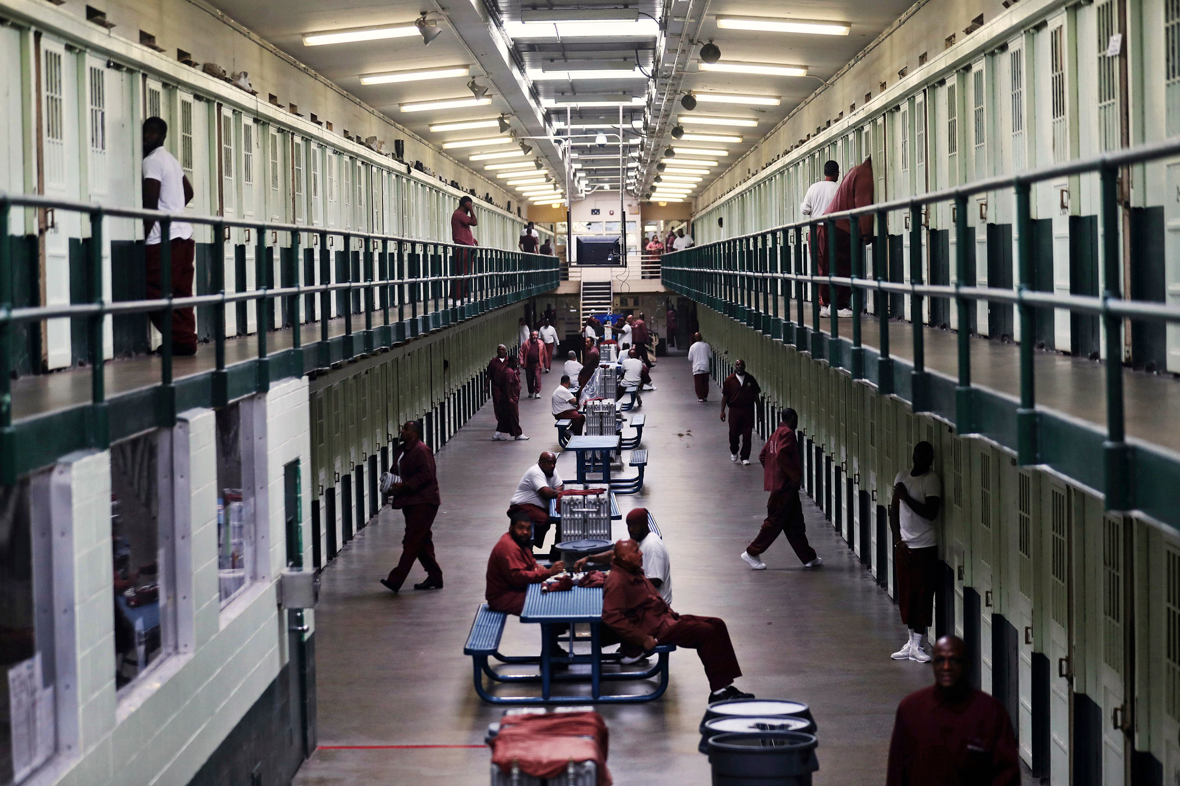Inmates in a block at the State Correctional Institution at Graterford in Graterford, Pa. on Sept. 7, 2017. More than 2,500 inmates from the 89-year-old state prison at Graterford were transferred to a $400 million State Correctional Institution at Phoenix prison in Collegeville, Pa., which began on July 11, 2018, according to the Pennsylvania Department of Corrections, they bused hundreds of inmates a day to the new prison facility about a mile down the road until all were relocated. (David Swanson—The Philadelphia Inquirer/AP)