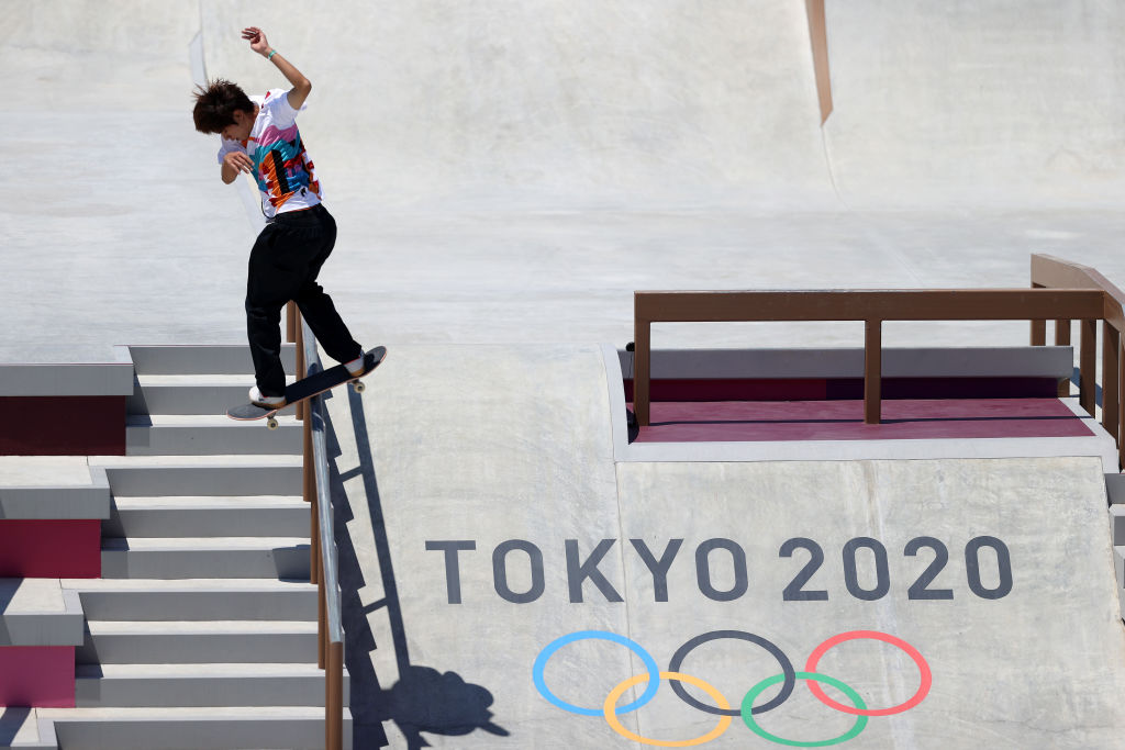 Yuto Horigome of Team Japan competes in the Skateboarding Men's Street Finalsat the Tokyo 2020 Olympic Games at Ariake Urban Sports Park on July 25, 2021 in Tokyo, Japan. (Dan Mullan—Getty Images)