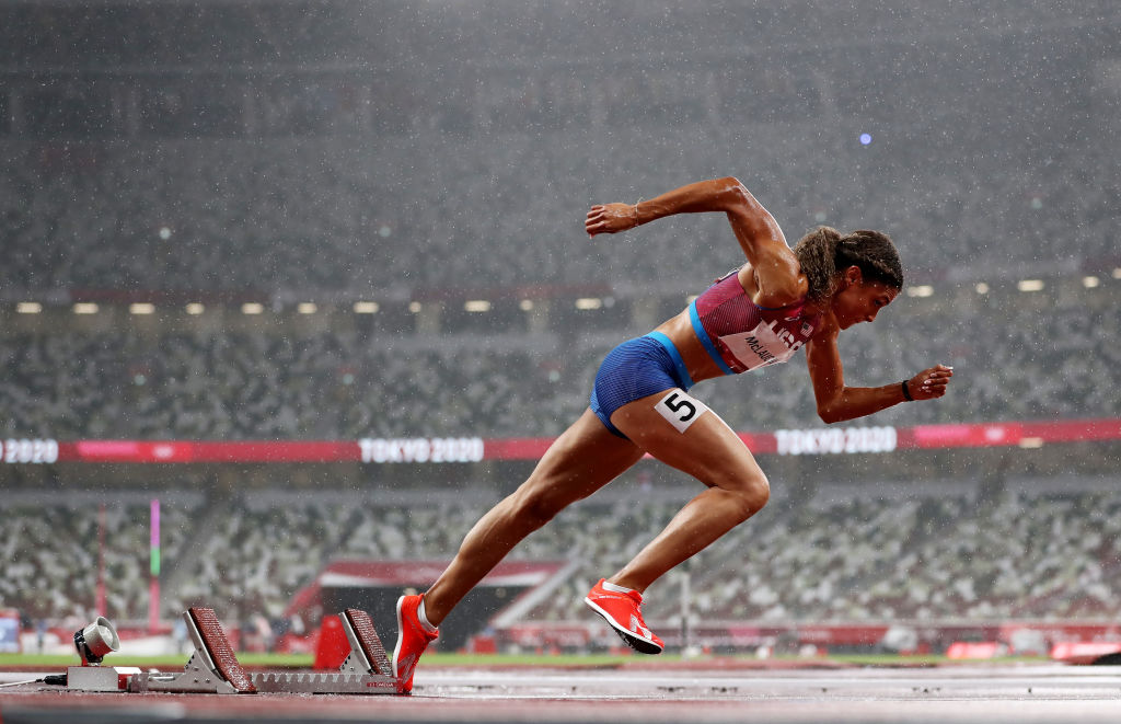 Sydney McLaughlin of Team United States competes in the Women's 400-m hurdles semifinals on day 10 of the Tokyo 2020 Olympic Games at Olympic Stadium on Aug. 02, 2021, in Tokyo, Japan. (Ryan Pierse—Getty Images)