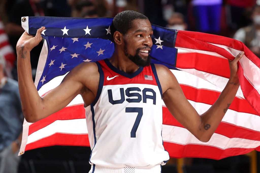 Kevin Durant #7 of Team USA celebrates following the United States' victory over France in the Men's Basketball Finals game of the Tokyo 2020 Olympic Games at Saitama Super Arena on Aug. 07, 2021 in Saitama, Japan. (Gregory Shamus—Getty Images)