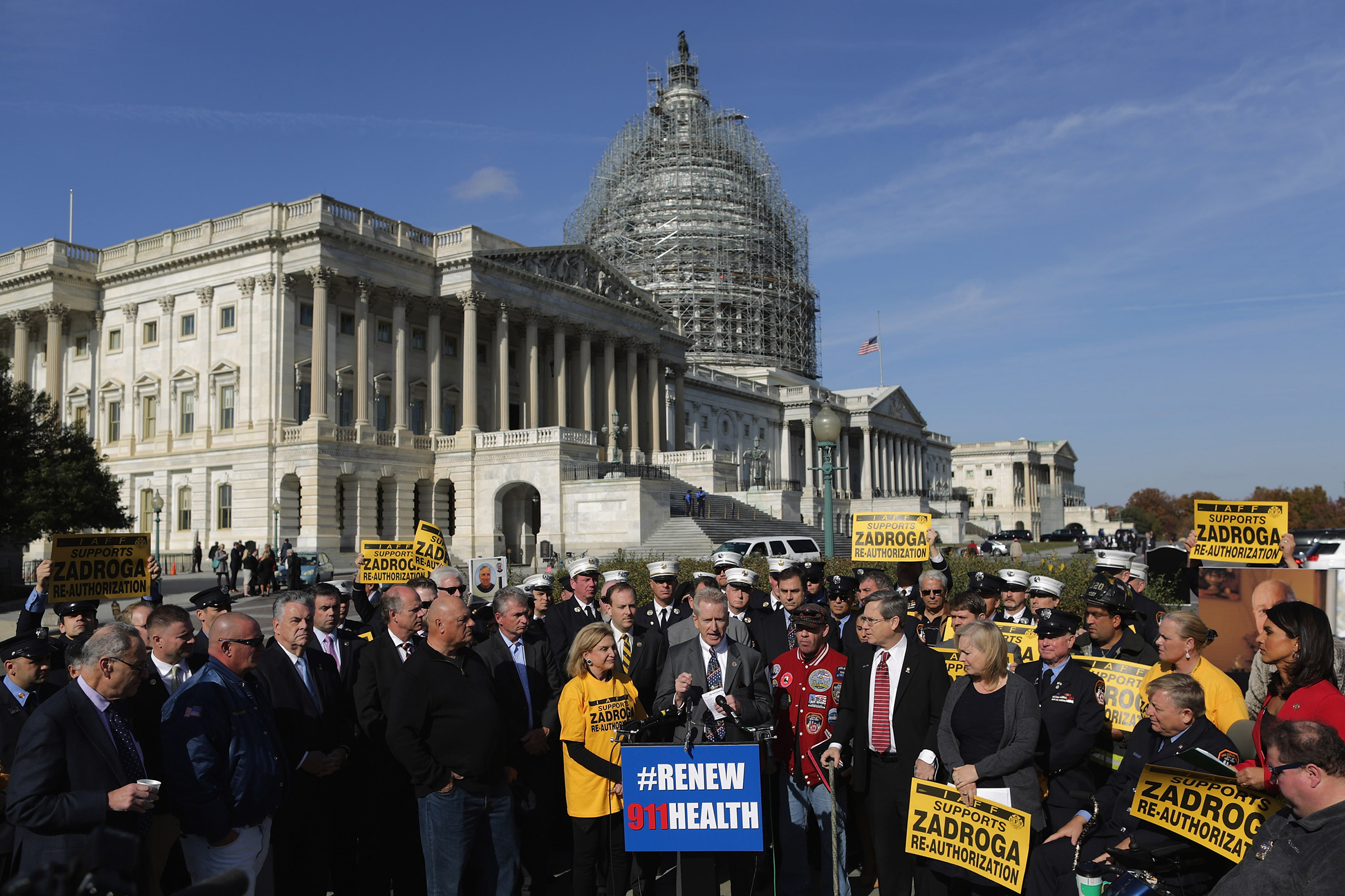 Senate and House Democrats hold a news conference with first responders from New York and members of the Iraq and Afghanistan Veterans of America to announce their support for the permanent reauthorization of the James Zadroga 9/11 Health and Compensation Reauthorization Act outside the U.S. Capitol in Washington, D.C., on Nov. 17, 2015. (Chip Somodevilla—Getty Images)