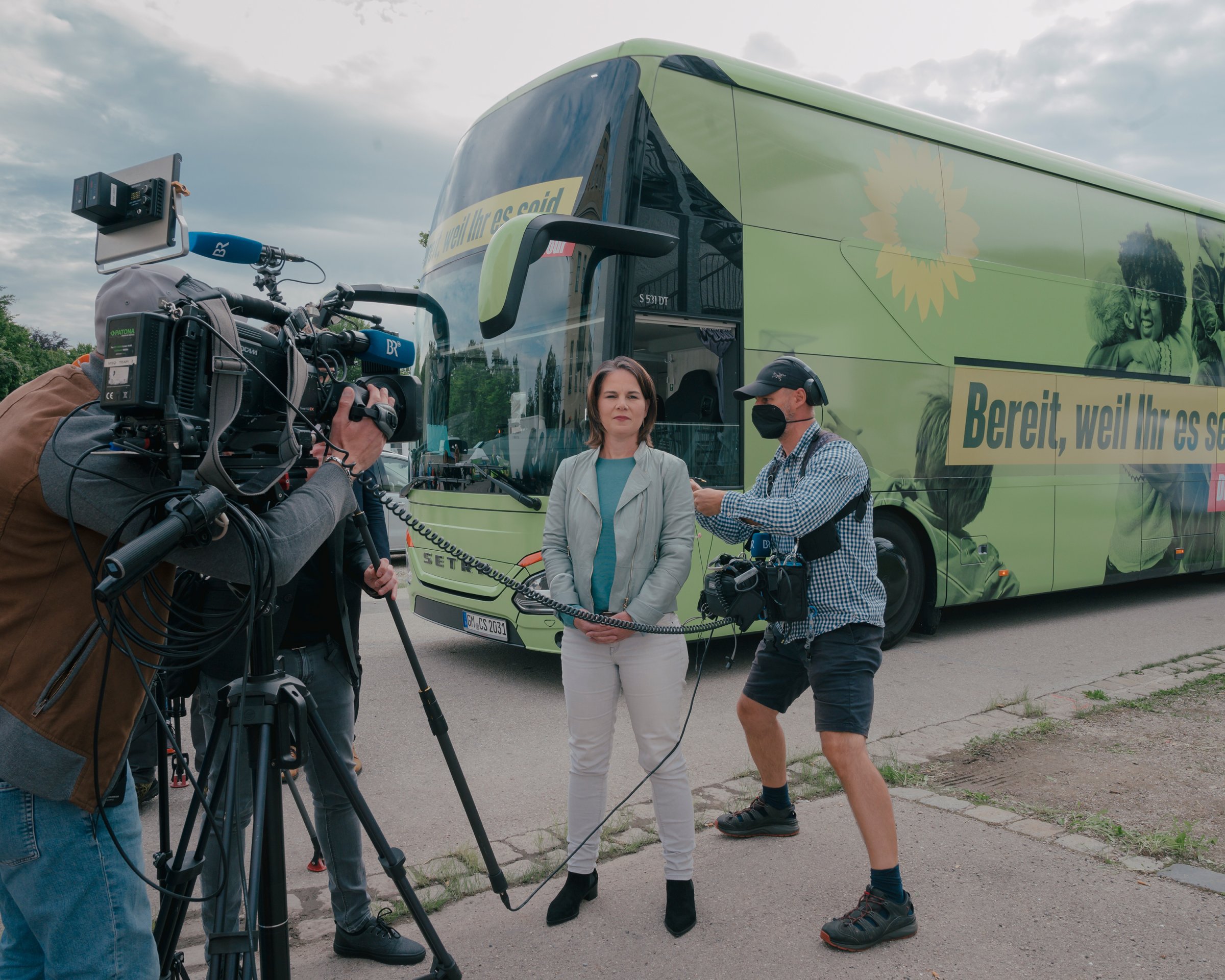Annalena Baerbock of Alliance 90/The Greens (Bündniss 90/Die Grünen) gives interviews to German Media at a election campaign event in Dachau, Germany, on Aug. 17.