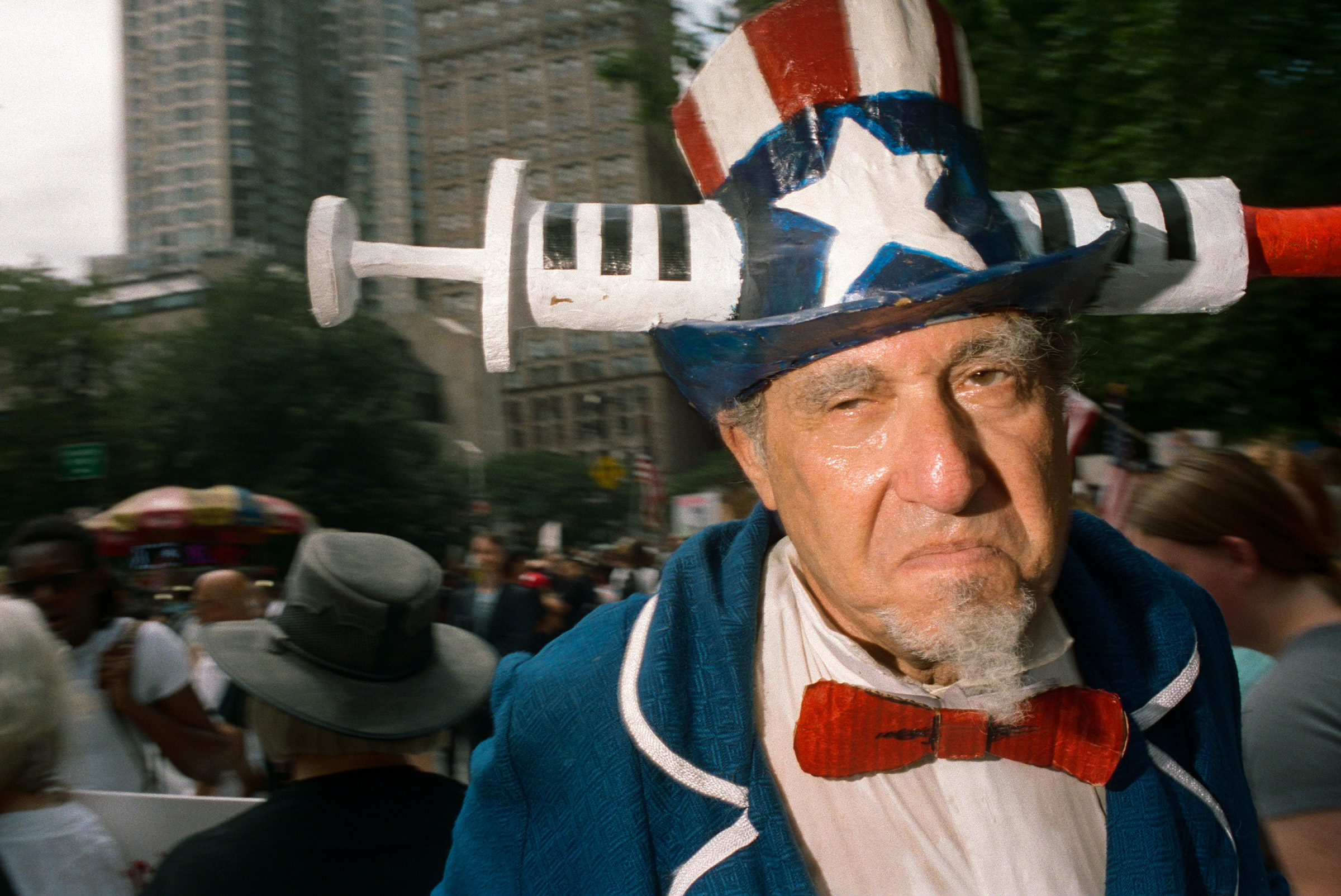 An anti-vax activist plays Uncle Sam at a City Hall protest, Aug. 11, 2021.