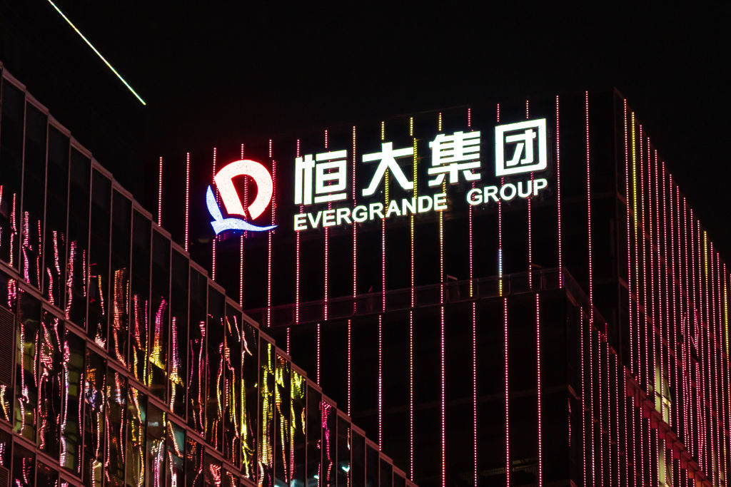 The logo of Chinese property developer Evergrande is seen on top of a skyscraper on Oct. 5, 2019, in Shenzhen, China (Alex Tai/SOPA Images/LightRocket via Getty Images)