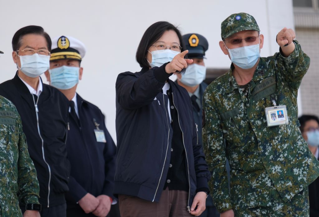 Taiwan's President Tsai Ing-wen (C) listens while inspecting military troops in Tainan, southern Taiwan, on January 15, 2021. (SAM YEH/AFP via Getty Images)