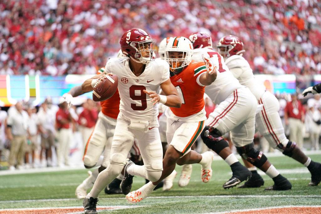 College Football: Alabama QB Bryce Young (9) in action vs Miami at Mercedes Benz Stadium on Sept. 4, 2021. Under the new NCAA rule changes, Young has reportedly signed name, image and likeness agreements worth more than $800,000. (Kevin D. Liles—Sports Illustrated via Getty Images)