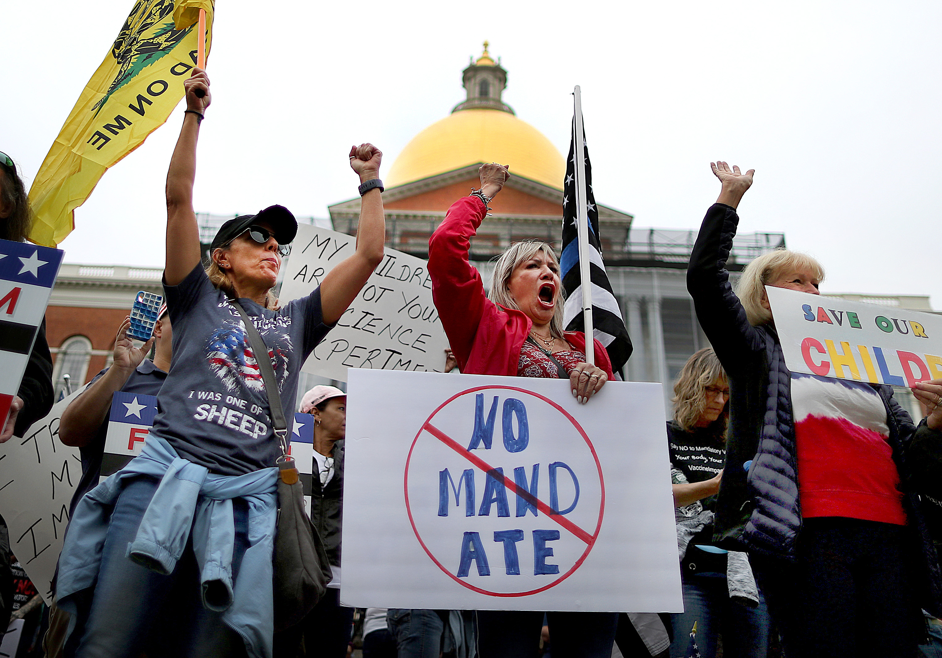 A Freedom Rally was held on Beacon Street in front of the State House in Boston, with hundreds protesting against mandatory COVID-19 vaccines on September 17, 2021. (John Tlumacki—The Boston Globe/Getty Images)