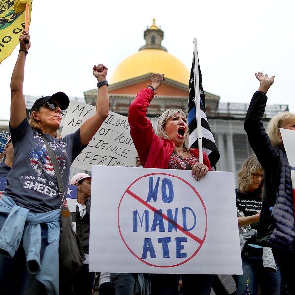 A Freedom Rally was held on Beacon Street in front of the State House in Boston, with hundreds protesting against mandatory COVID-19 vaccines on September 17, 2021.