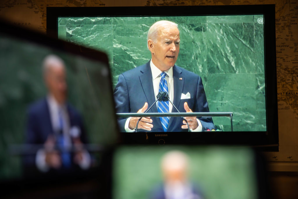 U.S. President Joe Biden speaks during the United Nations General Assembly via live stream in New York, U.S., on Tuesday, Sept. 21, 2021 (Michael Nagle—Bloomberg/Getty Images)