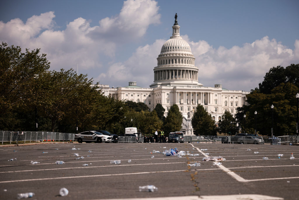 A police staging area sits empty and littered with water bottles at the end of the 'Justice for J6' rally near the U.S. Capitol in Washington, DC, on September 18, 2021. (Anna Moneymaker—Getty Images)
