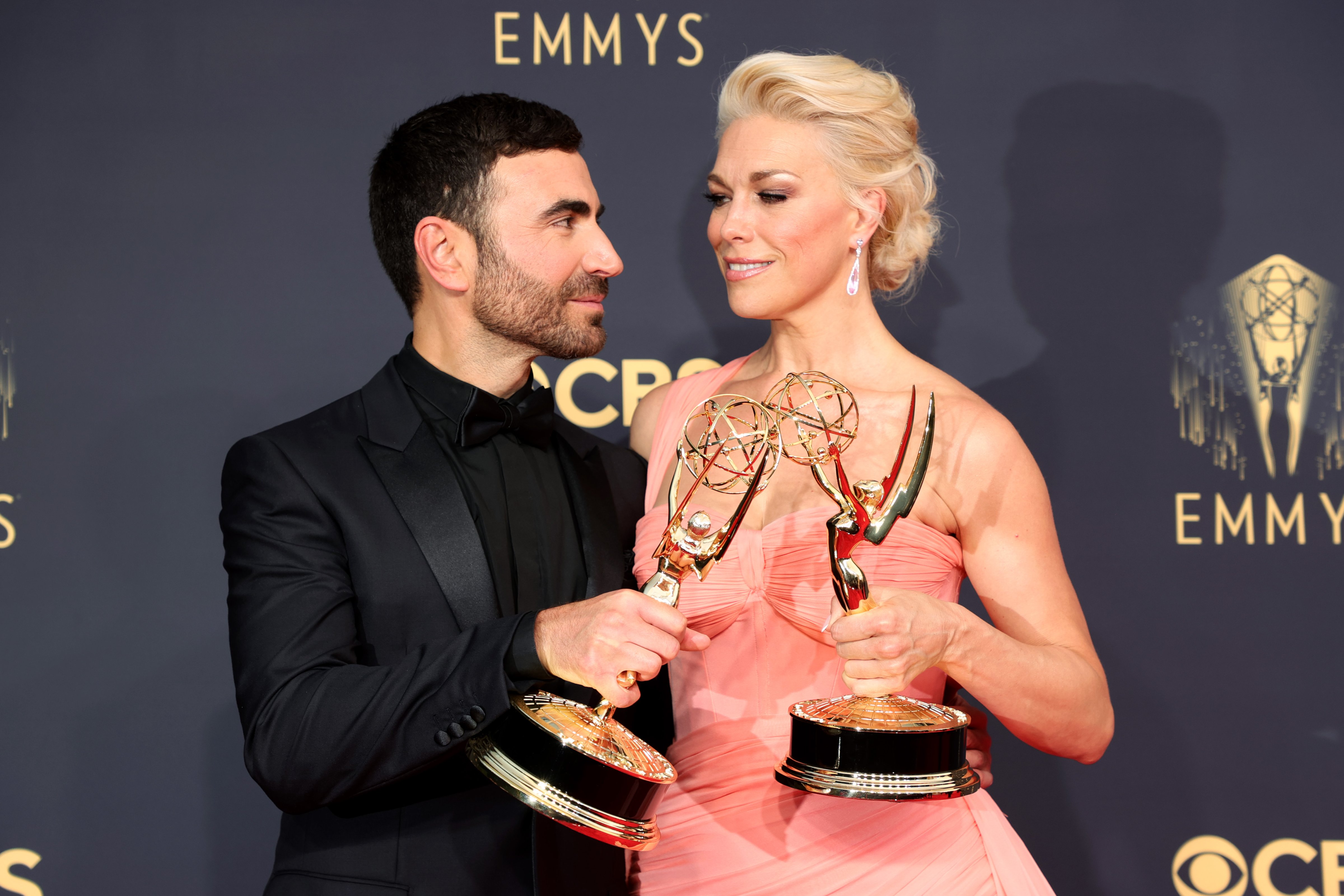 Brett Goldstein and Hannah Waddingham, two of the night's 'Ted Lasso' winners. (Rich Fury—Getty Images)