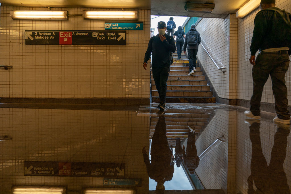 A flooded subway station in the Bronx in New York City, where service was disrupted due to extremely heavy rainfall from the remnants of Hurricane Ida on Sept. 2, 2021. (David Dee Delgado—Getty Images)