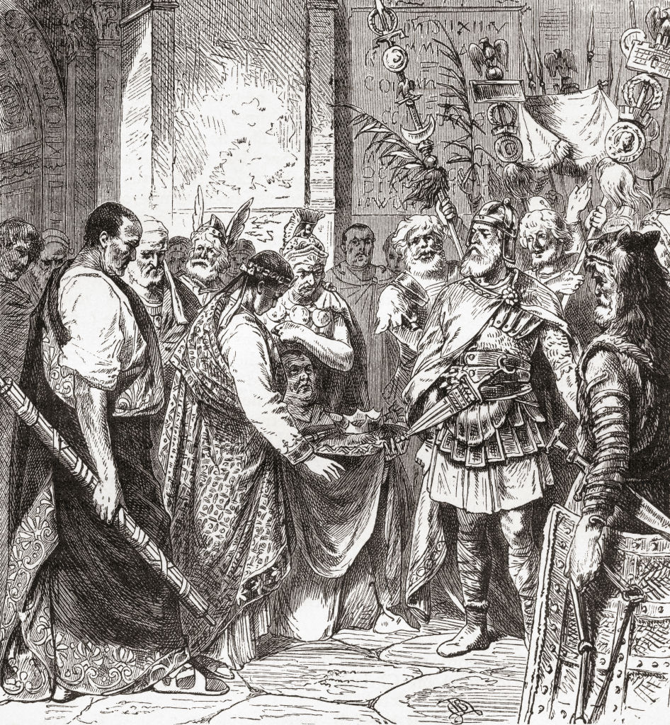 A drawing showing Flavius Odoacer forcing Romulus Augustus to resign in 476 AD.
