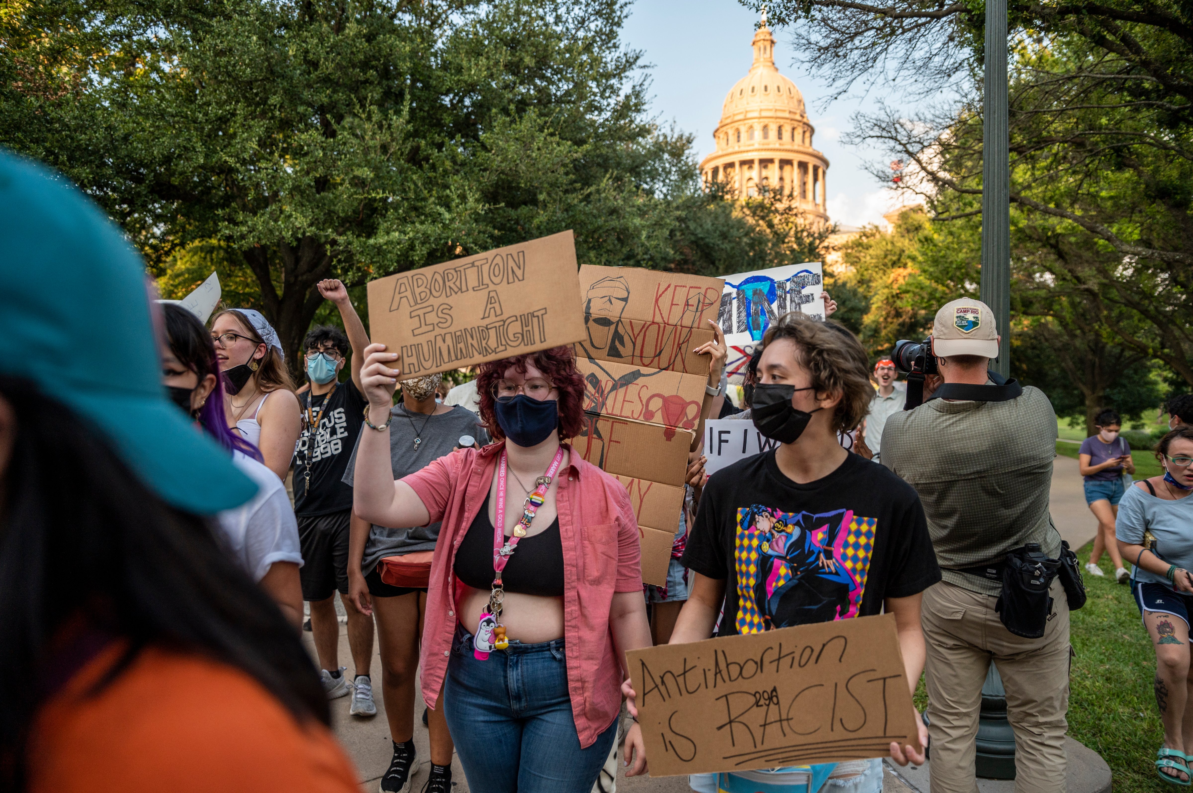 Abortion rights protesters march outside the Texas State Capitol in Austin on Sept. 1. Texas passed S.B. 8, which bans nearly all abortions and it went into effect Sept. 1.