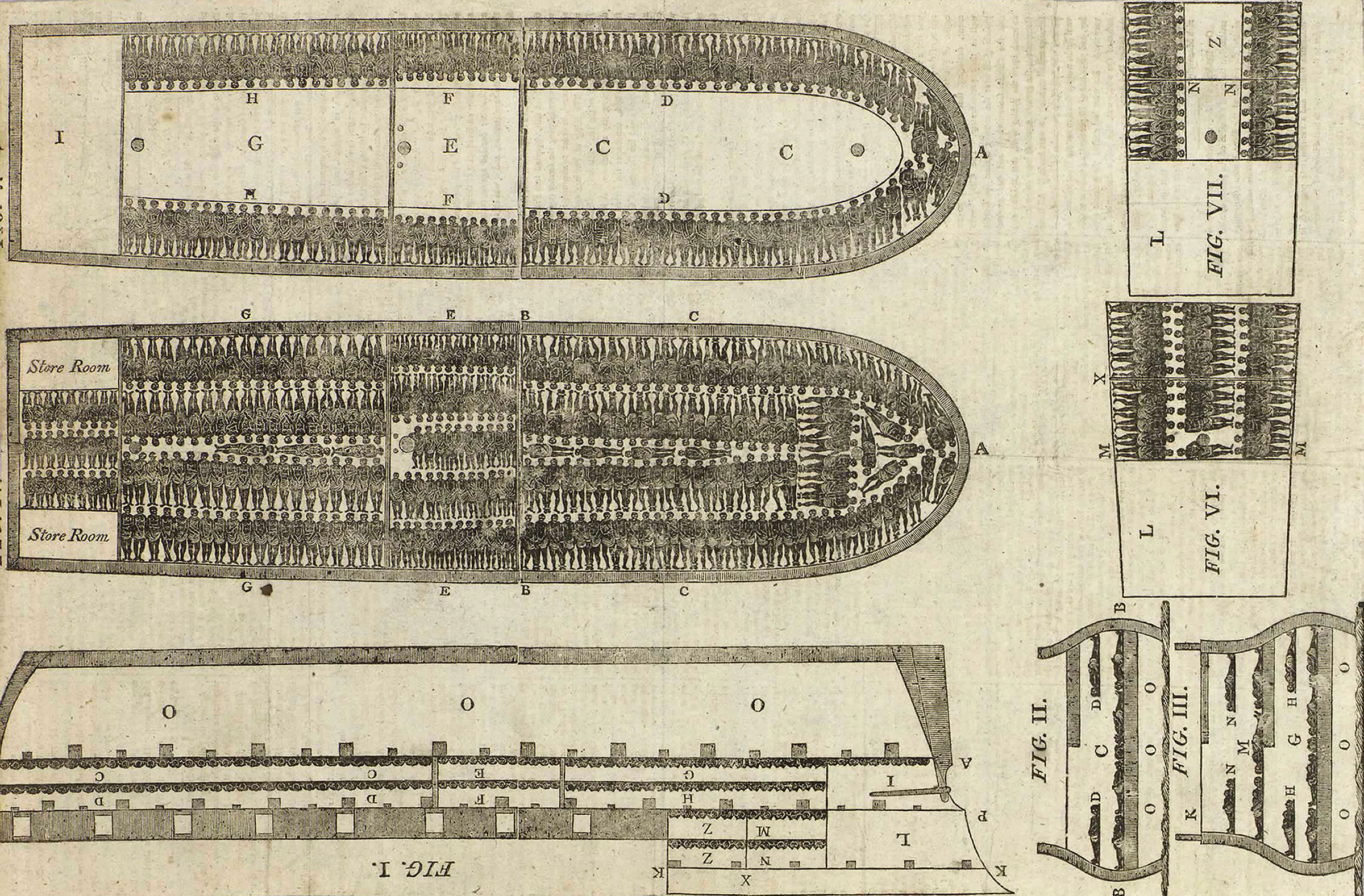 Engraving of the stowage plans of the slave ship Brooks, 1814. (GraphicaArtis/Getty Images)