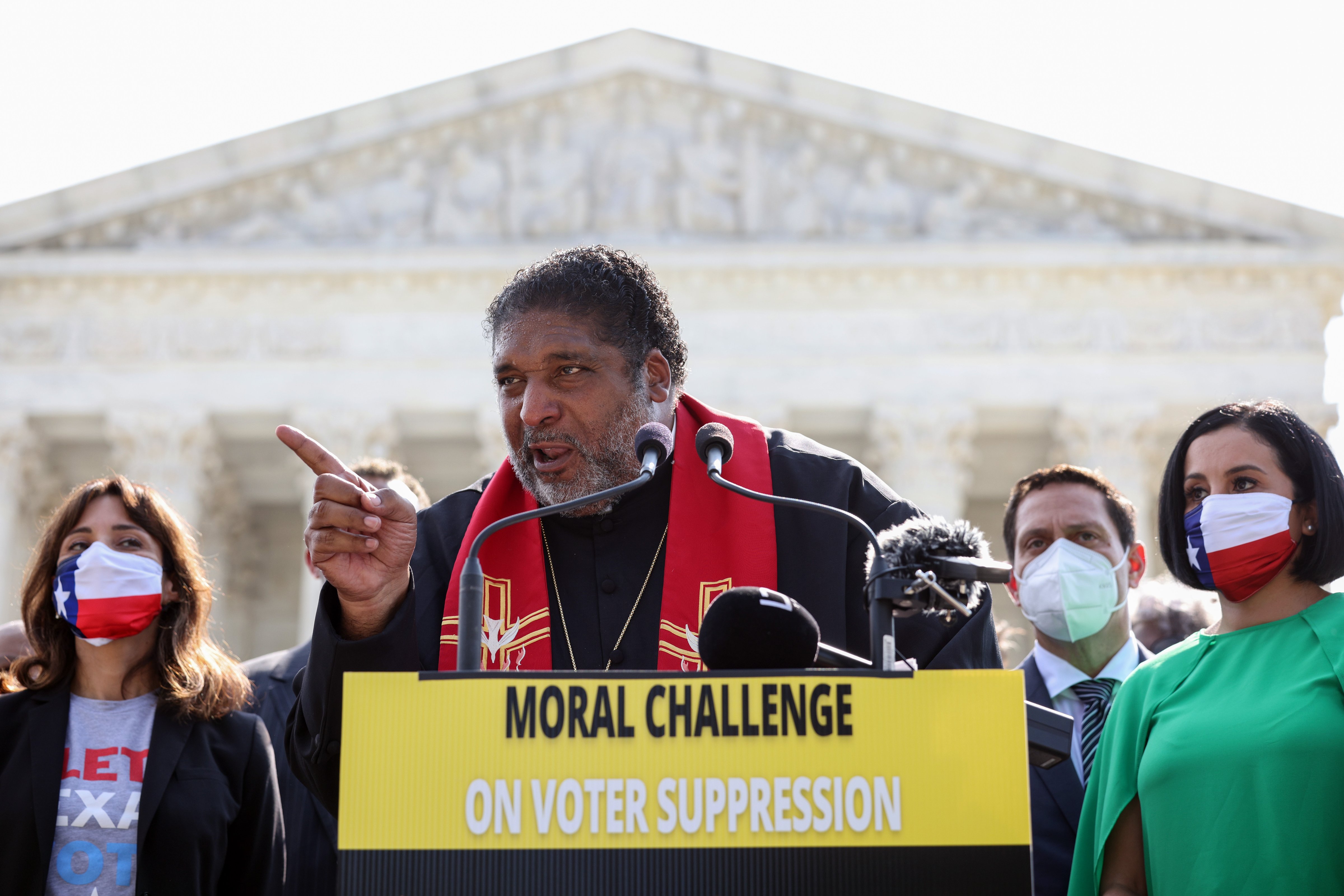 Rev. William Barber speaks alongside Texas lawmakers and fellow religious leaders, in Washington, D.C., on Aug. 12, 2021. (Kevin Dietsch/Getty Images)