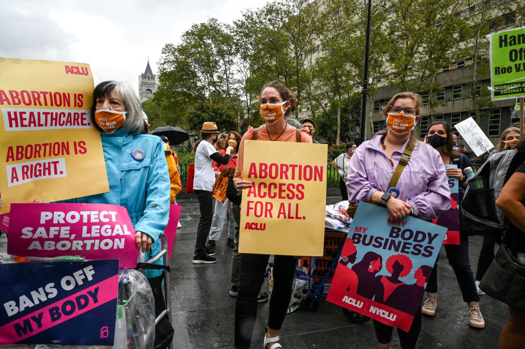 Demonstrators gather during a Planned Parenthood Day of Action Rally in the Brooklyn borough of New York, U.S., on Thursday, Sept. 9, 2021. (Desiree Rios–Bloomberg/Getty Images)