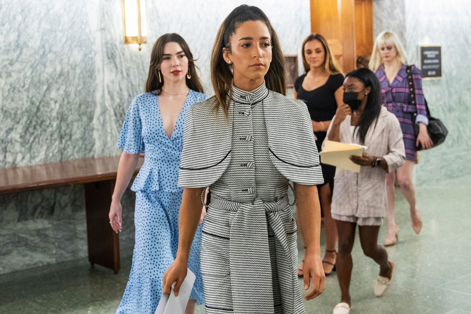 Former U.S. Olympic gymnasts Aly Raisman, McKayla Maroney, Simone Biles, and Maggie Nichols arrive for the Senate Judiciary Committee hearing on Dereliction of Duty: Examining the Inspector General's Report on the FBI's Handling of the Larry Nassar Investigation on Capitol Hill in Washington, DC, September 15, 2021. (Shawn Thew—EFE/Shutterstock)