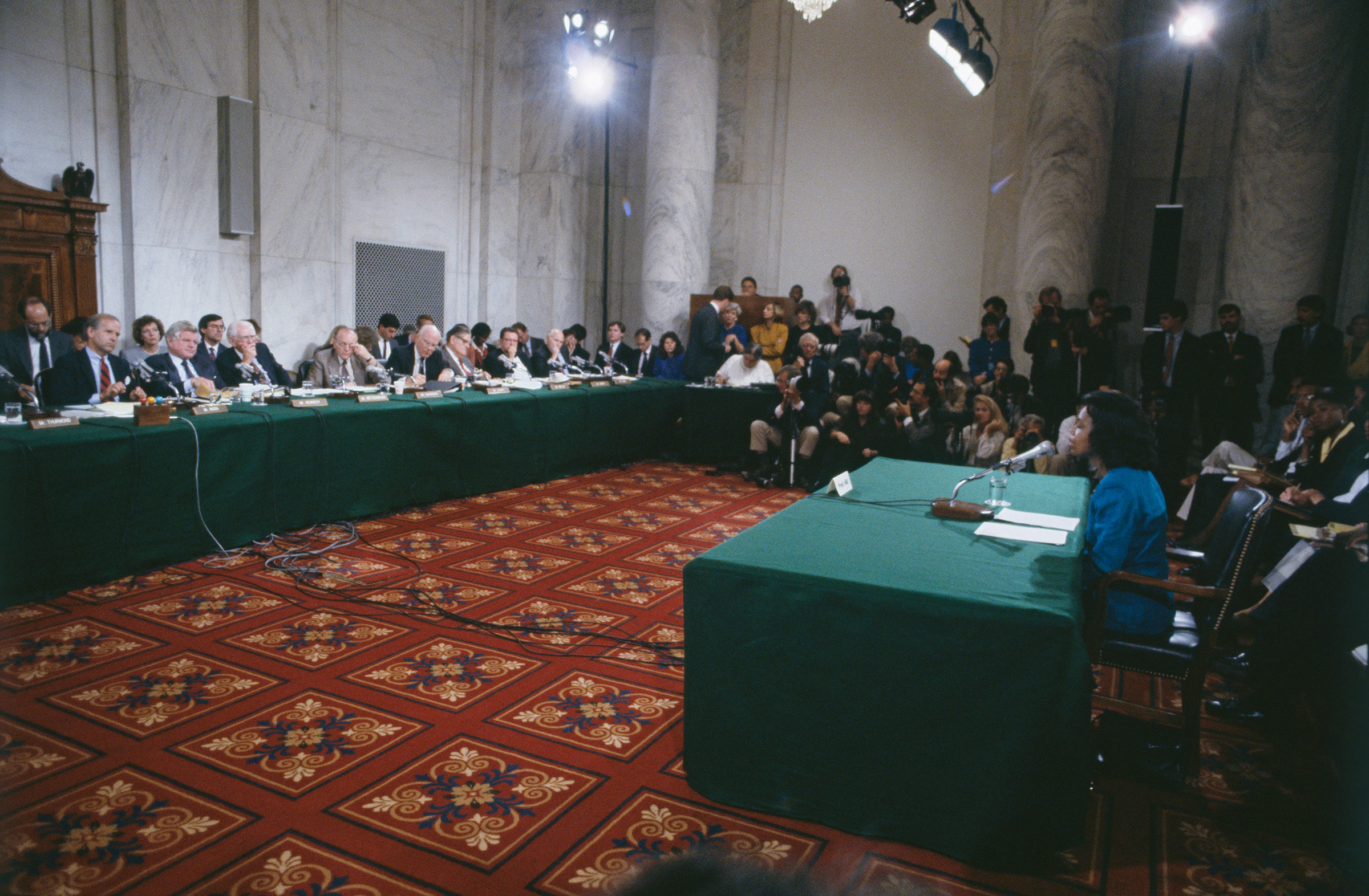 Anita Hill testifies before the Senate Judiciary Committee, chaired by Joe Biden, on the nomination of Clarence Thomas to the Supreme Court on Capitol Hill in Washington, D.C., on Oct. 11, 1991. (Jeffrey Markowitz—Sygma/Getty Images)
