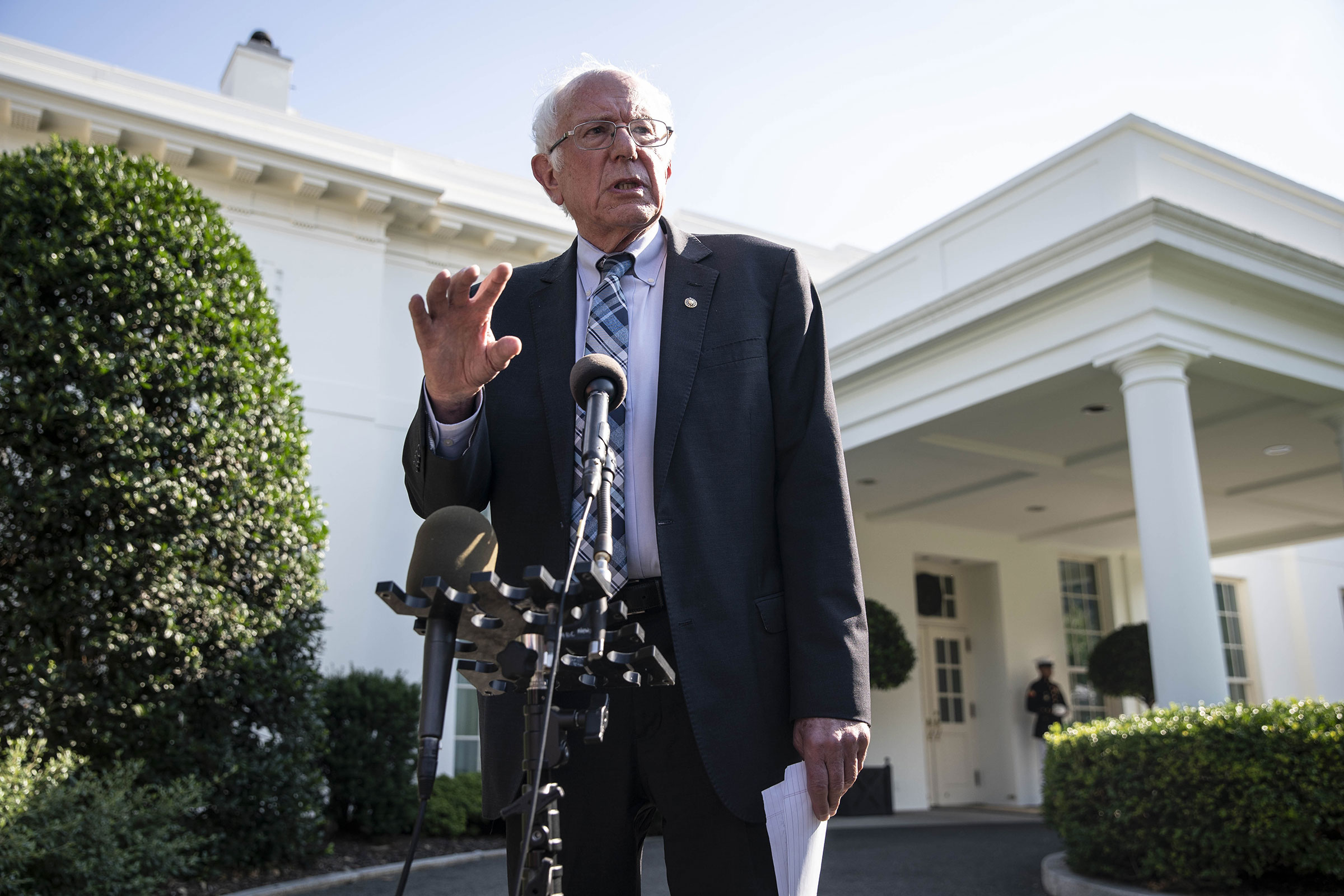 Sanders speaks to members of the media following a meeting with President Biden at the White House on July 12.