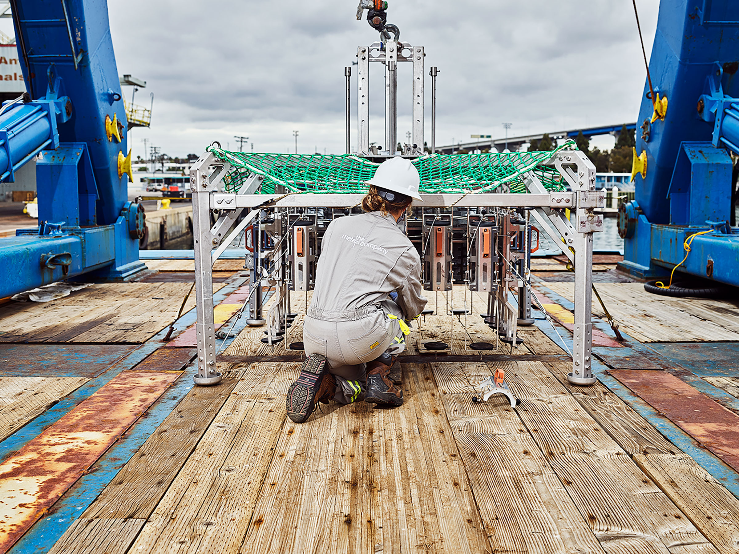 A Metals Company core-sample collector shown at a harbor in San Diego on June 8, after returning from a deep-sea-mining mission. (Spencer Lowell for TIME)